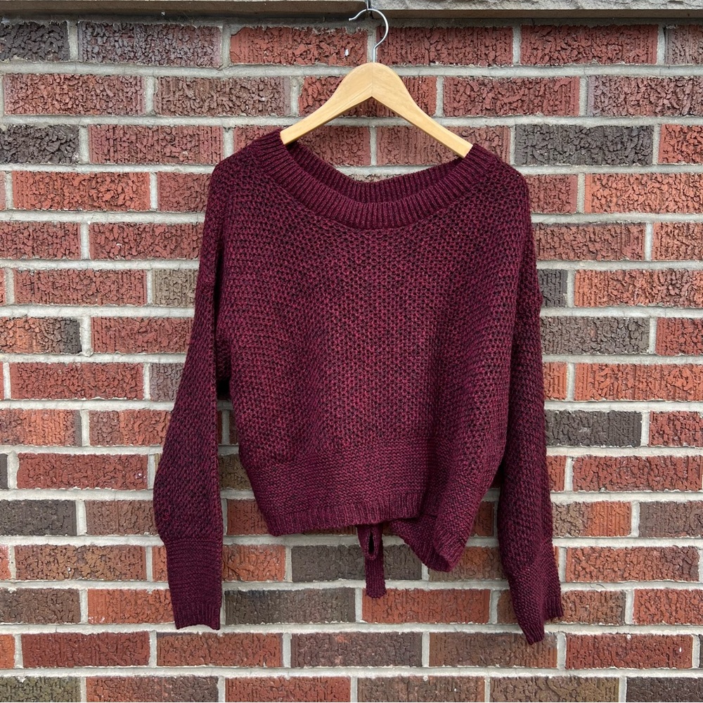 Express Marled Burgundy Chunky Knit Lace Up Boat Neck Sweater